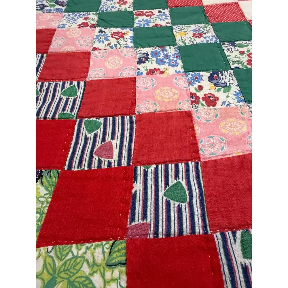 Vintage Hand Pieced Hand Quilted Trip Around the World Quilt 70x72